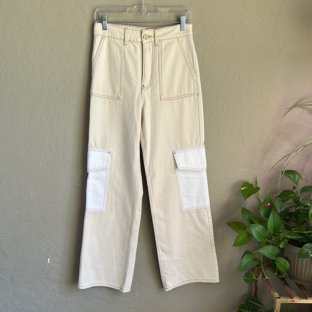 GANNI ECRU DENIM ANGI  size 25 Beige Cargo Pants with‎ White Pockets